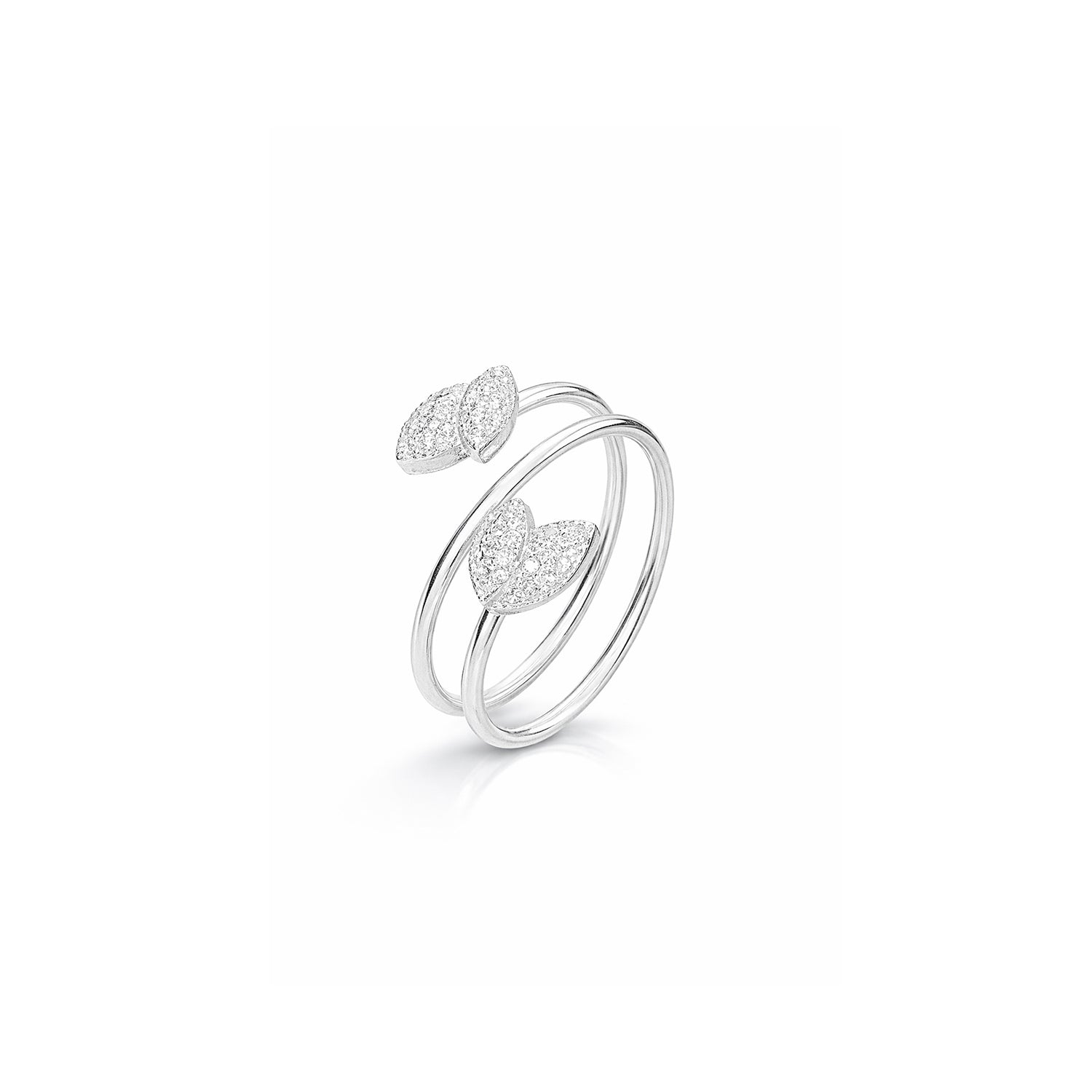 Silver ring with leaf-shaped designs on a white background