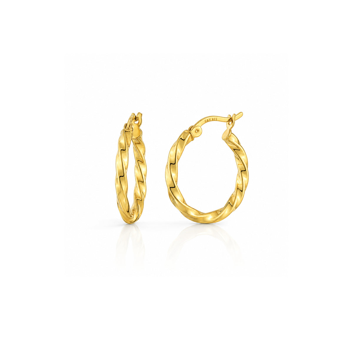 A pair of yellow gold hoop earrings with a twisted, textured finish, shown from front and side angles on a clean white background.