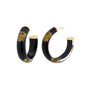 Black lucite and 24K gold leaf hoop earrings