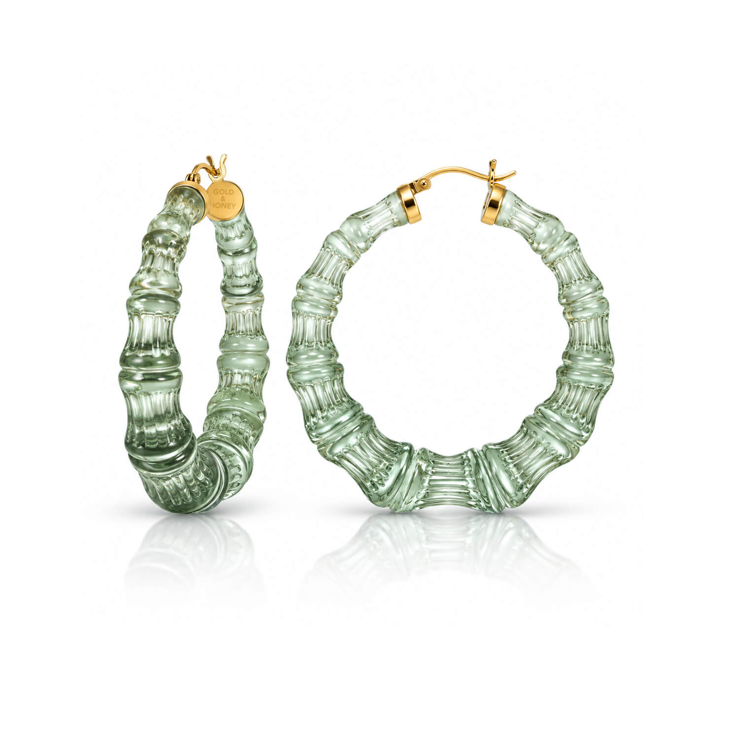 FALL GREEN BAMBOO HOOP EARRINGS WITH GOLD CLICK TOP ON WHITE BACKGROUND