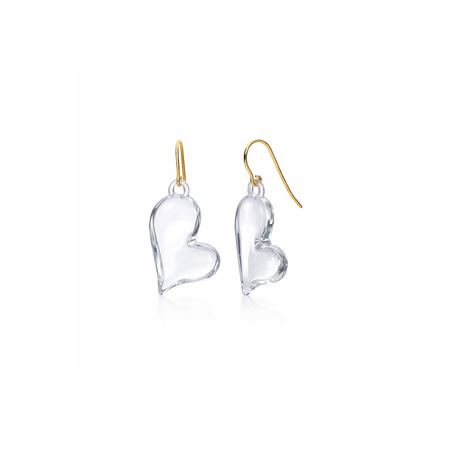 Clear heart-shaped earrings with gold hooks on a white background