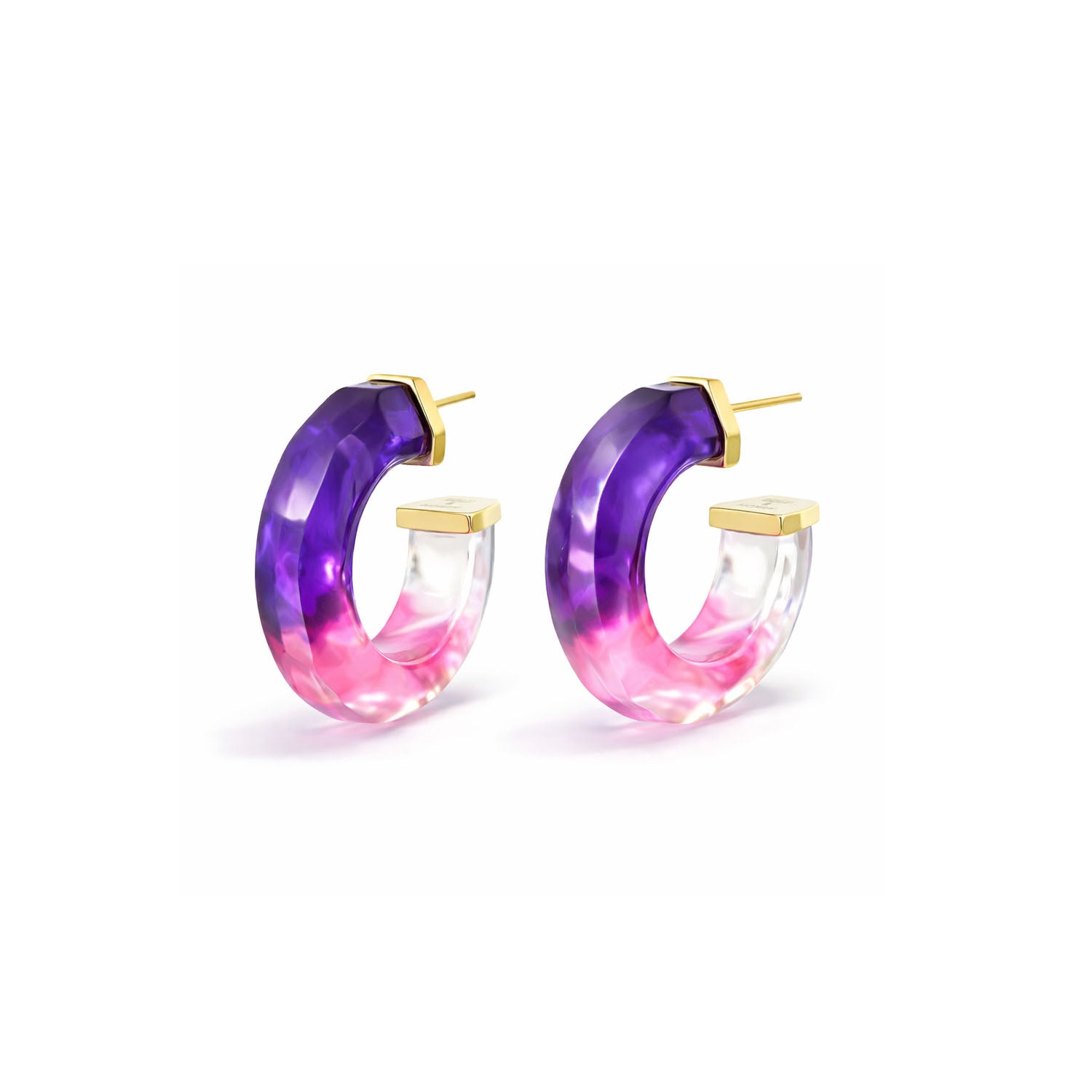 Pair of hoop earrings with purple and pink gradient and gold accents on a white background