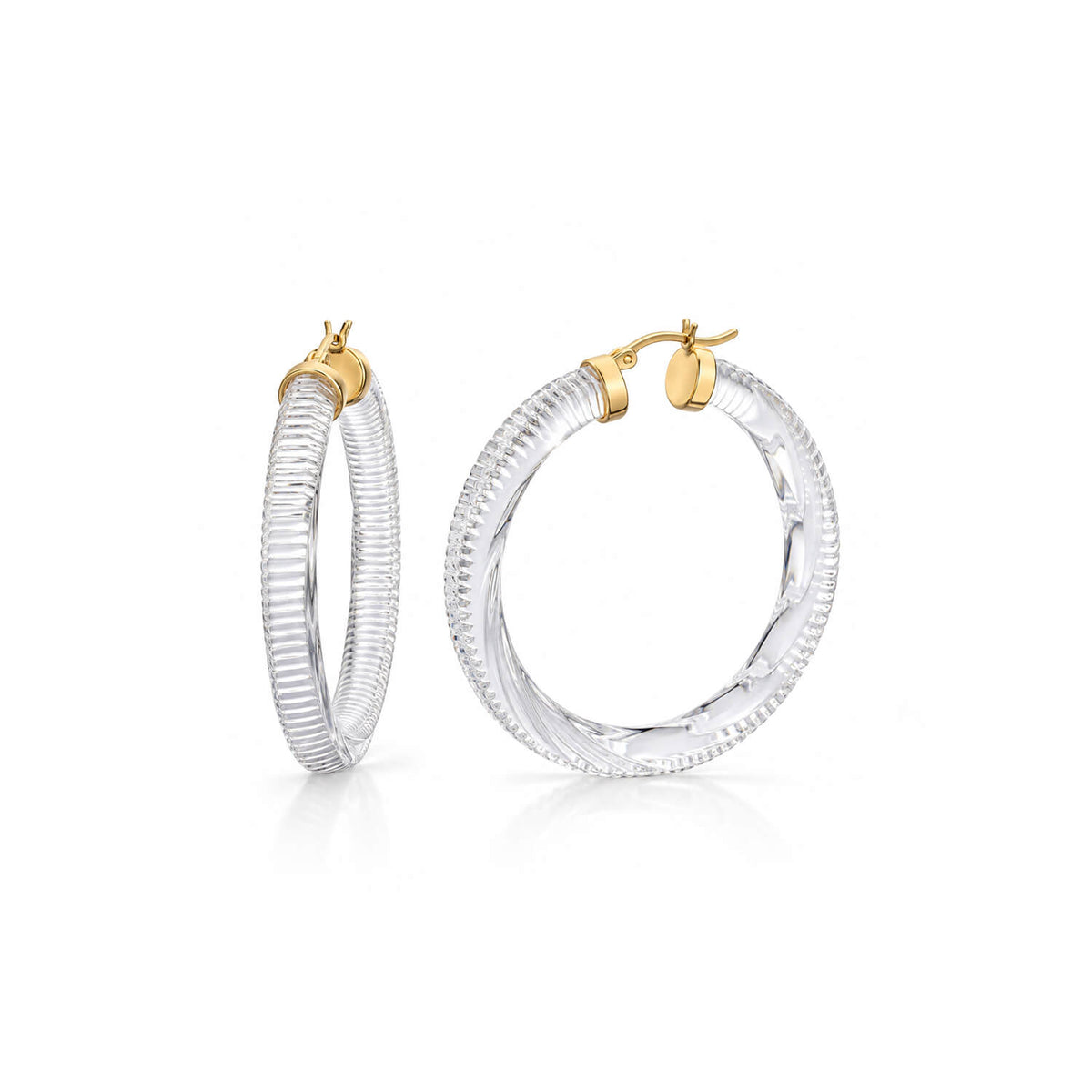 clear hoop earrings with texture on a white background