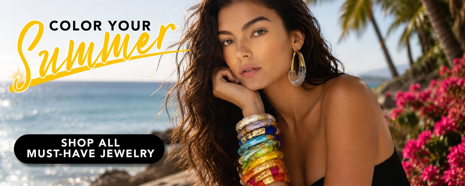 Woman with colorful jewelry against a tropical background with text promoting jewelry shopping.
