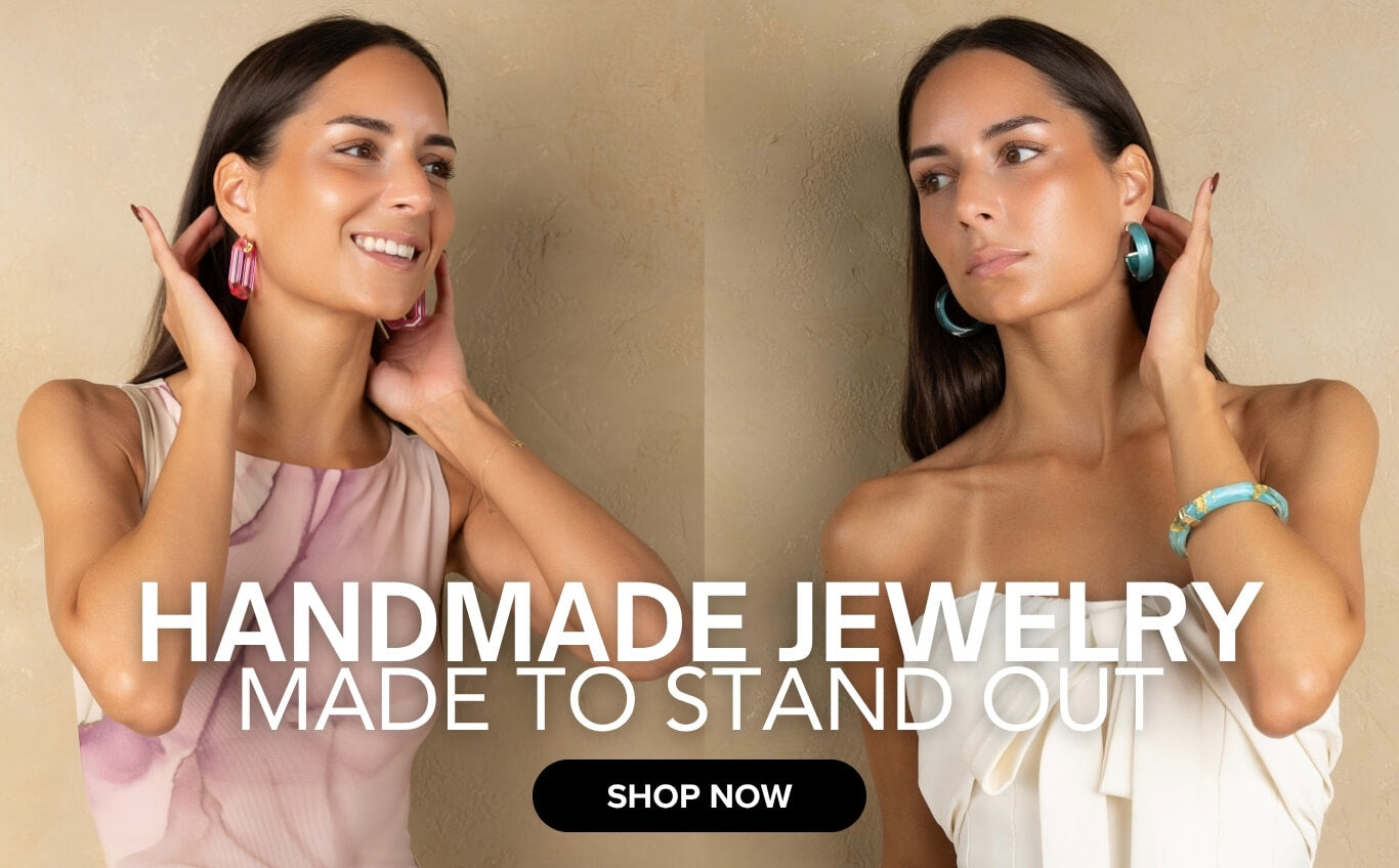A split-screen promotional image showing a woman modeling pink and turquoise handmade jewelry against a beige wall, with the text 'HANDMADE JEWELRY MADE TO STAND OUT' and a 'SHOP NOW' button.