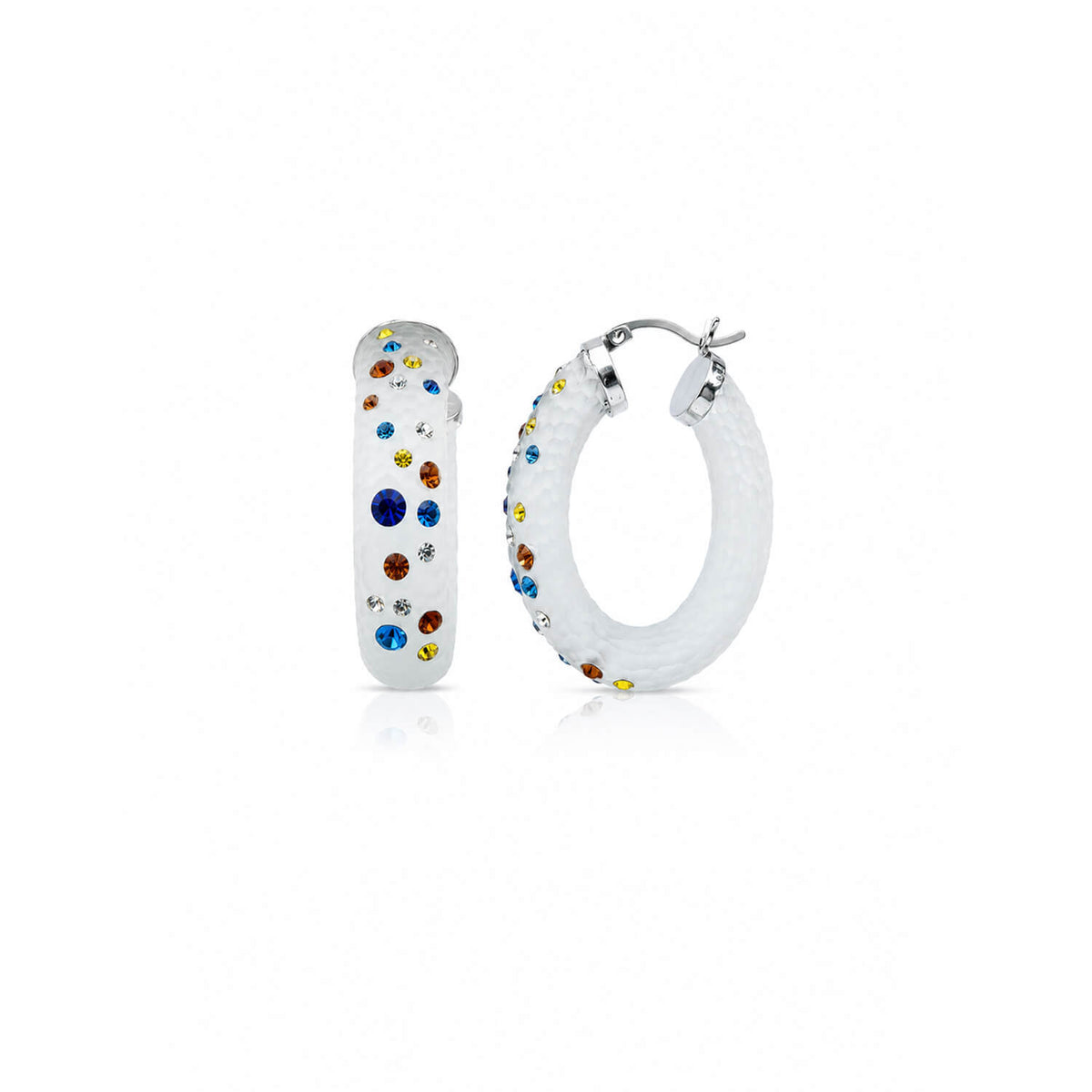 Pair of hoop earrings with colorful gemstones on a white background