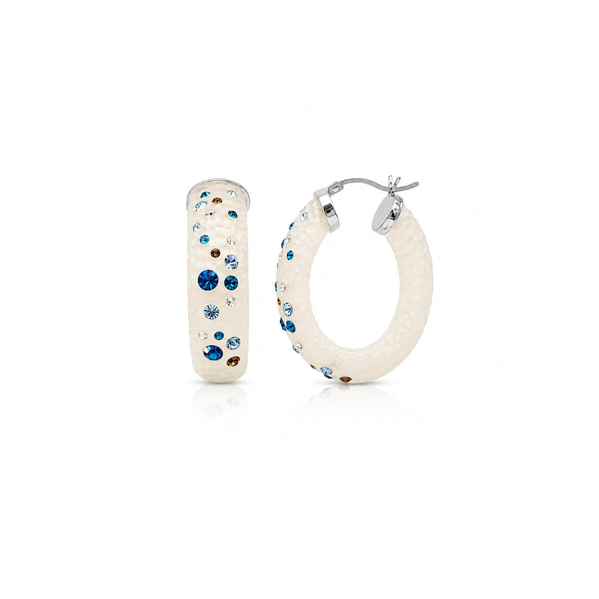 Pair of hoop earrings with blue and brown gemstones on a white background