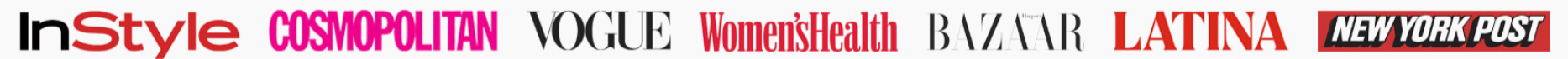 Logos of various magazines including Cosmopolitan, Vogue, and Latina on a red background.
