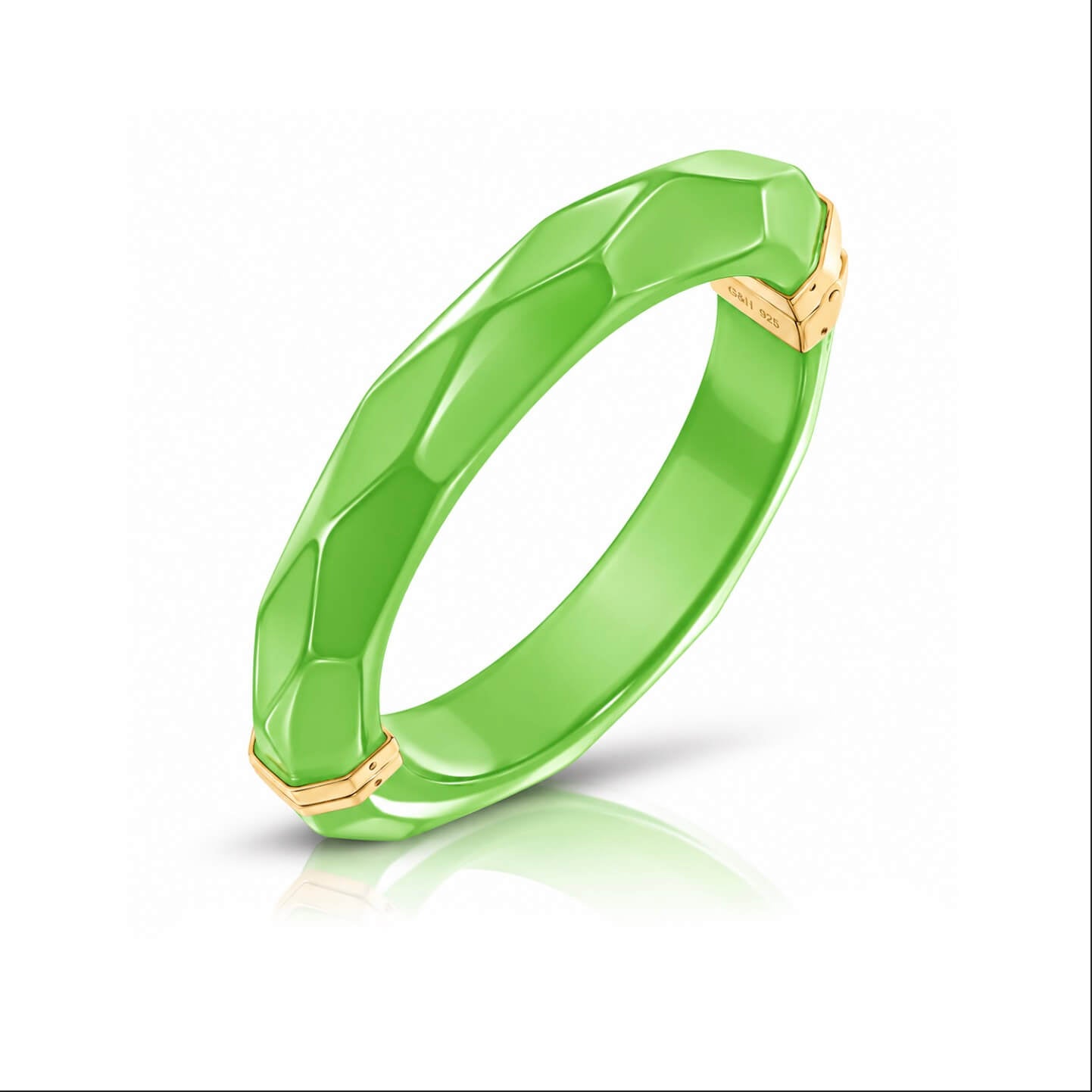 neon green faceted bangle on white background