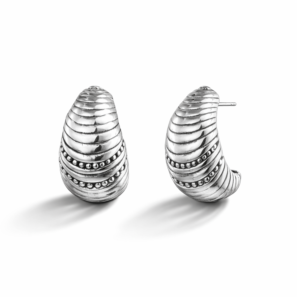 silver hoop tear drop earrings on a white background
