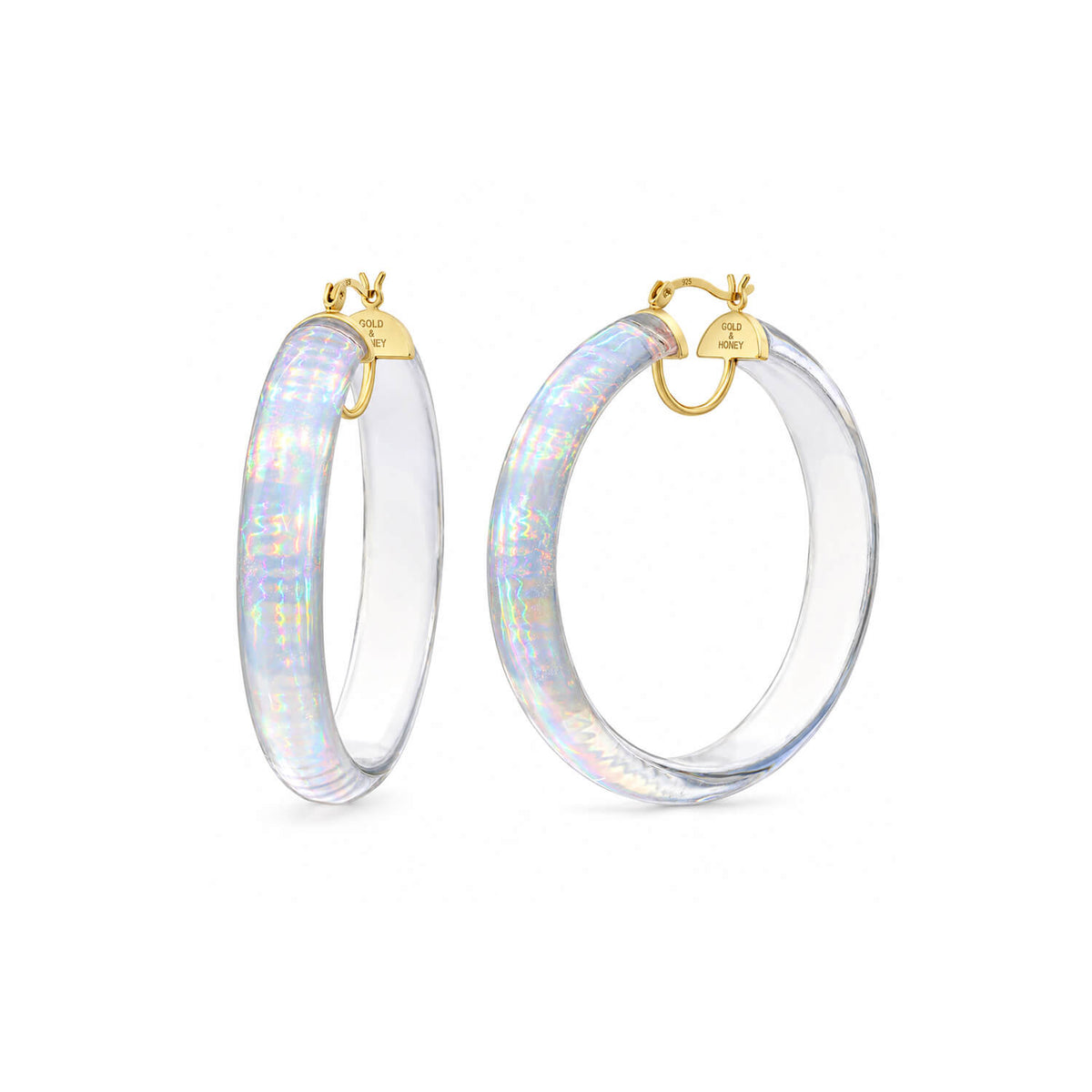 A pair of large hoop earrings with a clear, iridescent opal-like resin body and gold-tone hinged clasps, shown on a plain white background.