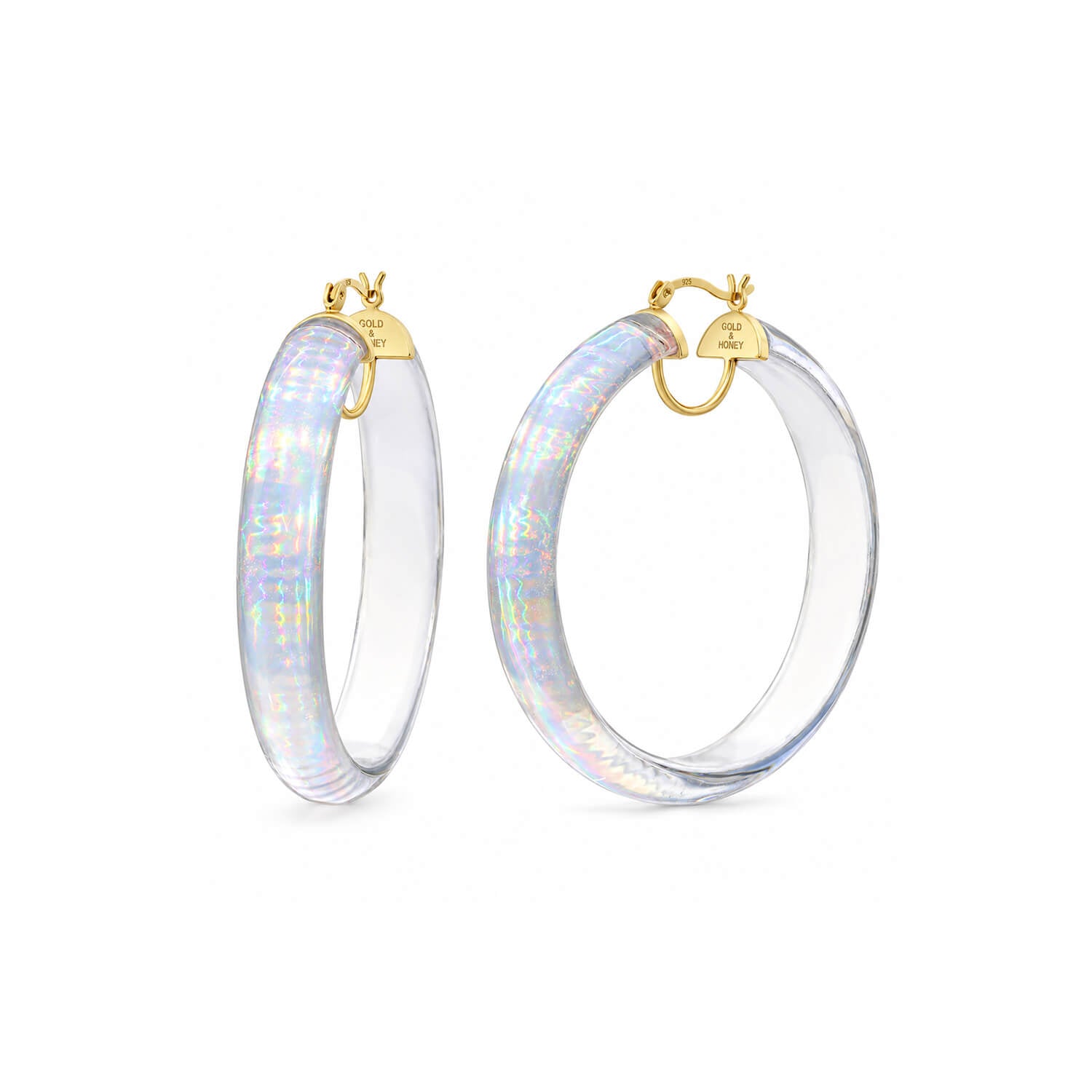 A pair of large hoop earrings with a clear, iridescent opal-like resin body and gold-tone hinged clasps, shown on a plain white background.