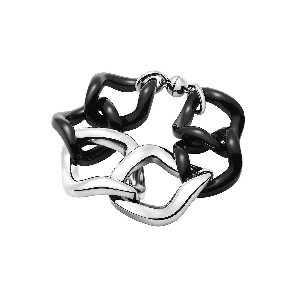 A chunky chain-link bracelet featuring alternating glossy black and polished silver links, shown on a solid white background.