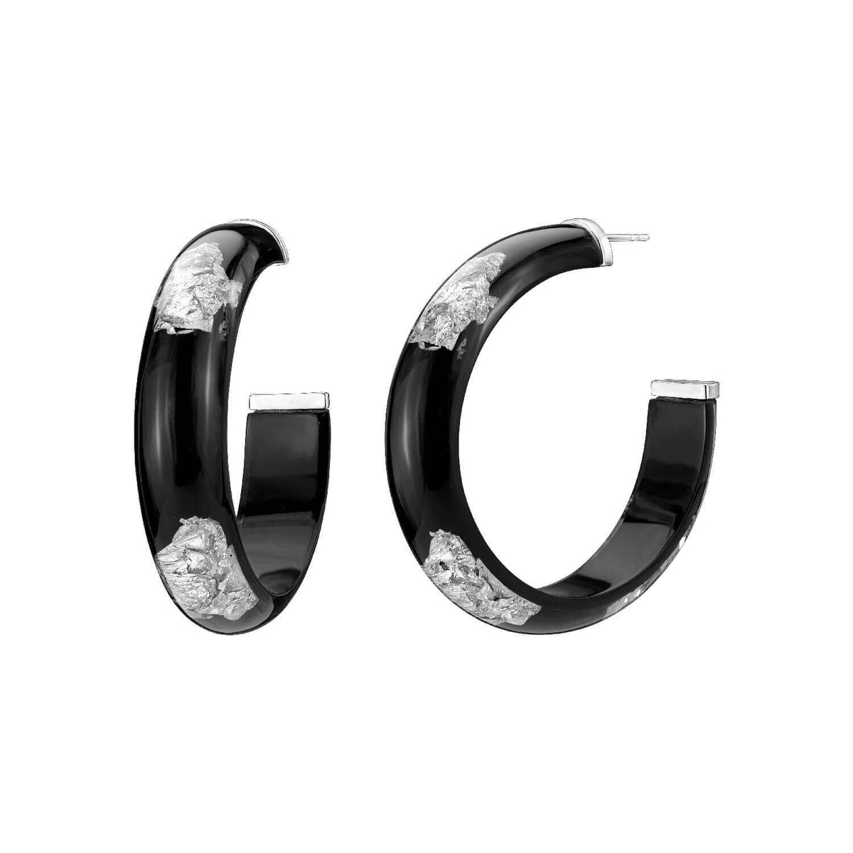 BLACK HOOPS WITH SILVER LEAF ON WHITE BACKGROUND 