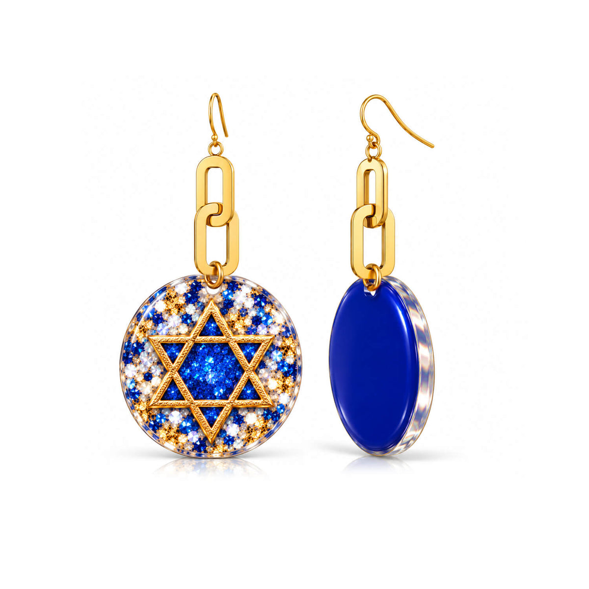 A pair of gold-tone dangle earrings on a white background. One earring shows a round blue and gold glitter pendant with a gold Star of David, and the other shows the back with a smooth, polished blue oval disc.