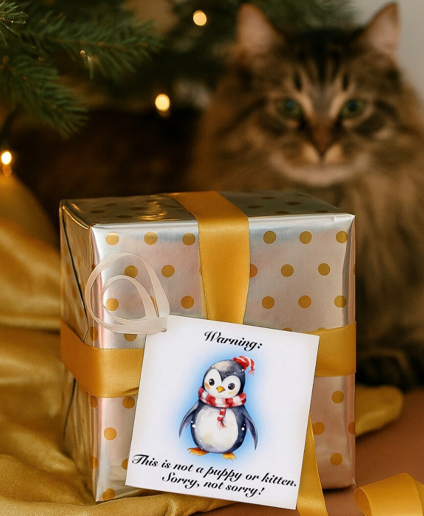 Gift box with polka dot ribbon and penguin warning card in front of a cat and Christmas tree.