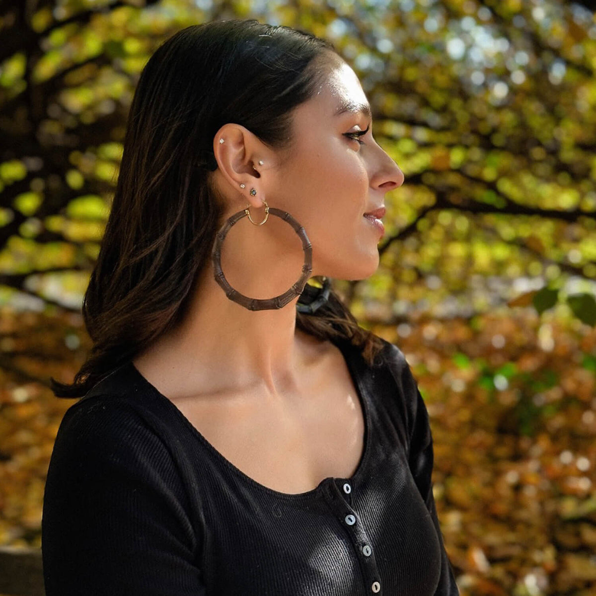 Large bamboo hoop earrings in black 