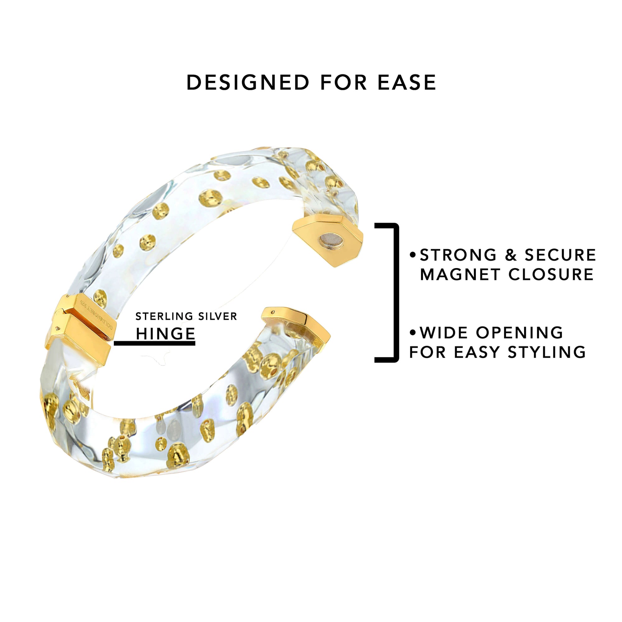 Bracelet with gold accents and text highlighting features on a white background