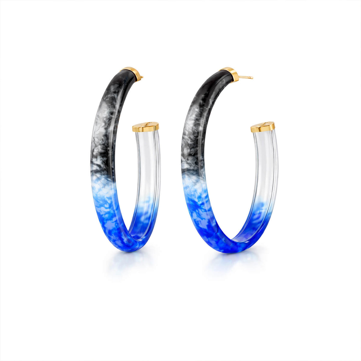 Hoop earrings with black, blue, and clear gradient design on a white background