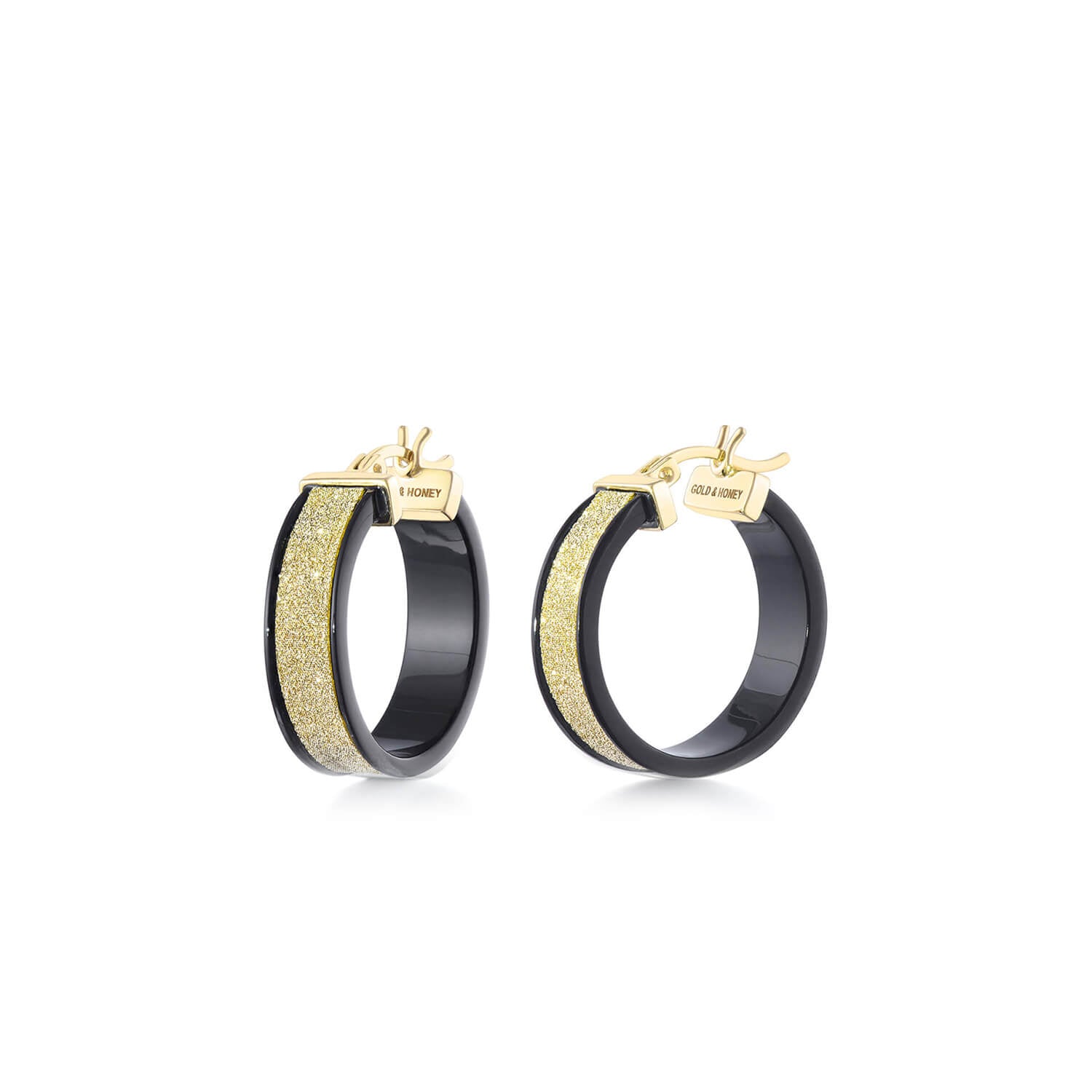 black hoop earrings with gold glitter