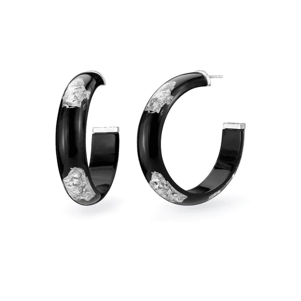 black hoop earrings with silver leaf