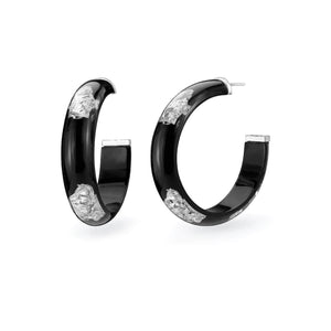 black hoop earrings with silver leaf