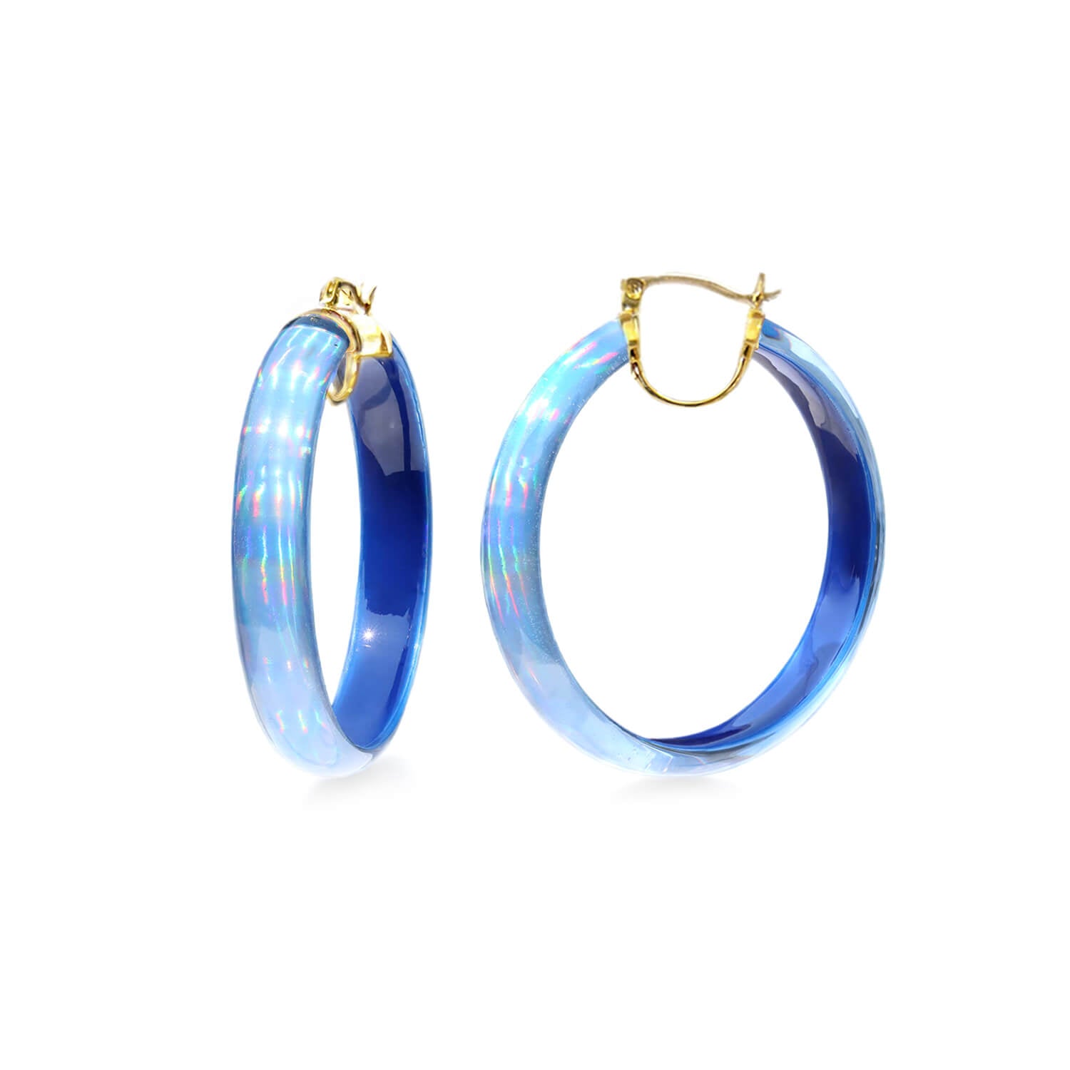 blue iridescent hoop earrings