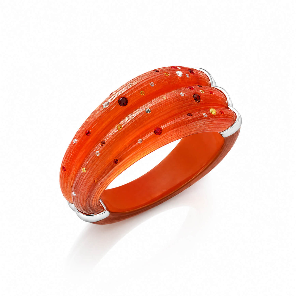 Orange bracelet with silver accents and small stones on a white background