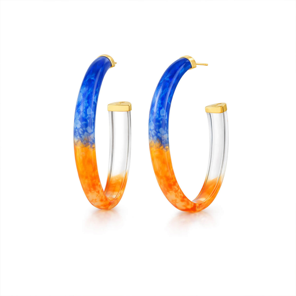 Hoop earrings with blue, orange, and clear gradient design on a white background