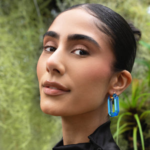 Blue Emerald Gem Cut Hoops