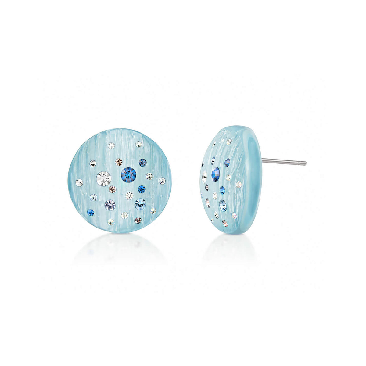 Pair of light blue earrings with embedded stones on a white background
