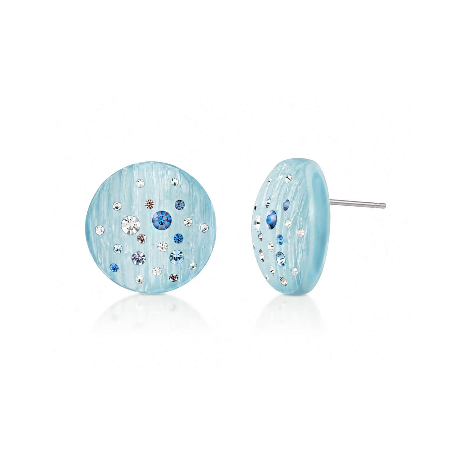 Pair of light blue earrings with embedded stones on a white background