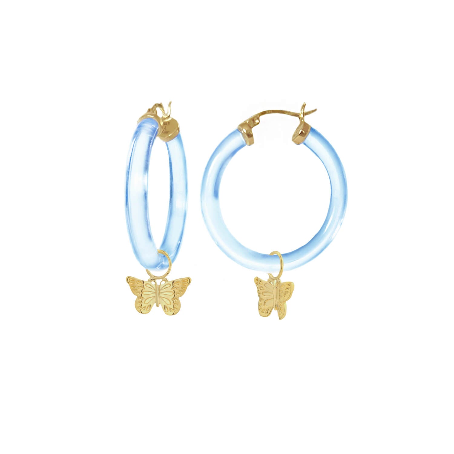 butterfly charm hoop earrings in blue lucite
