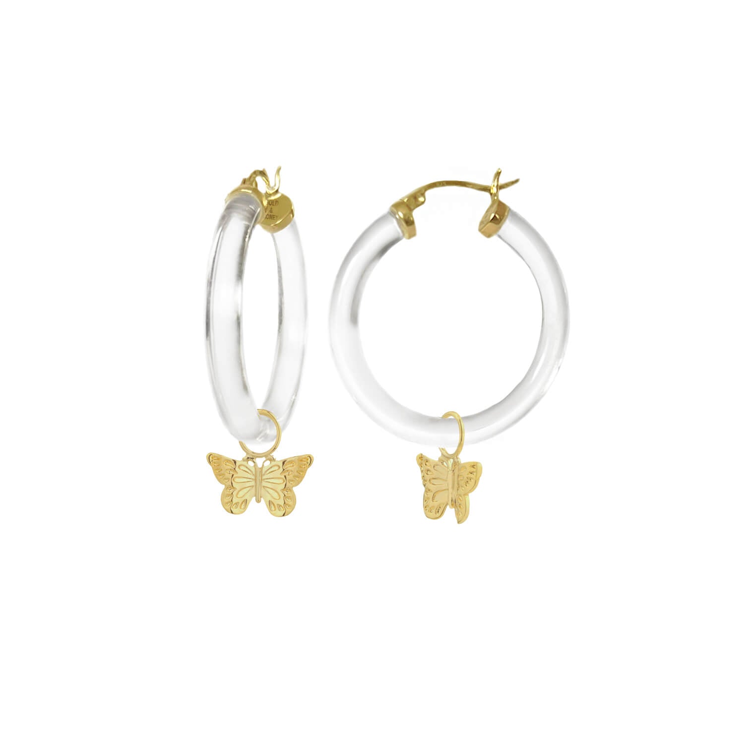 butterfly charm hoop earrings in clear lucite