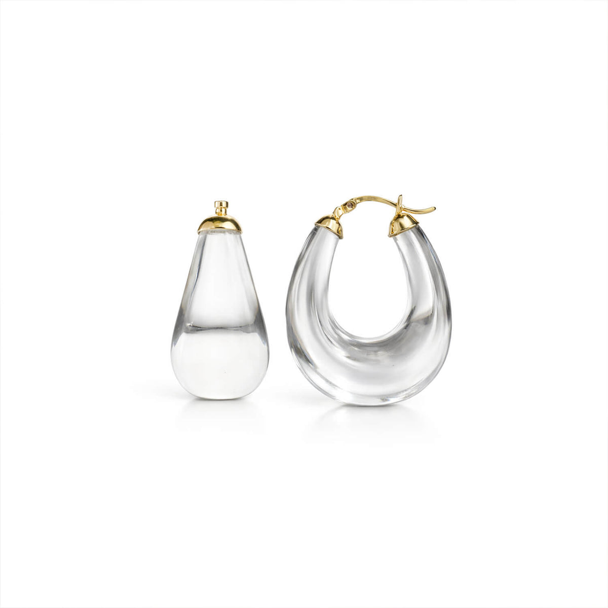Clear hoop earrings with gold accents on a white background