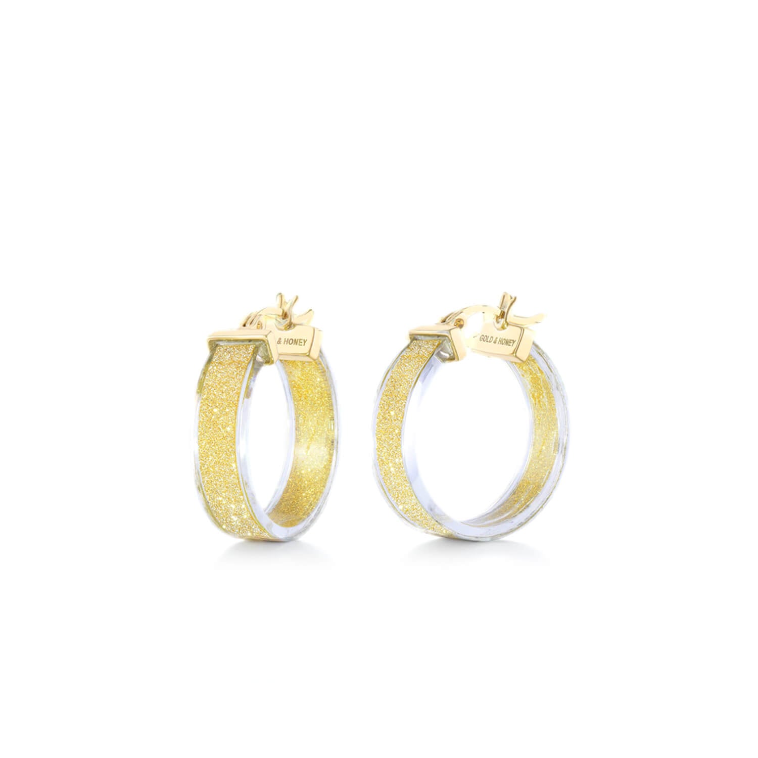 clear hoop earrings with gold glitter