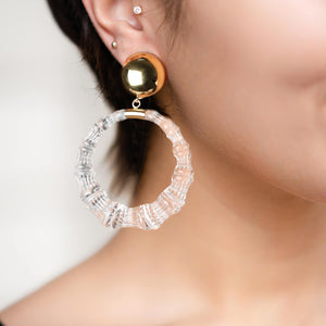 Clip on lucite bamboo earrings in clear on model