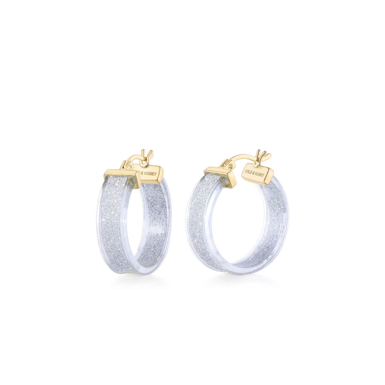 clear hoop earrings with silver glitter
