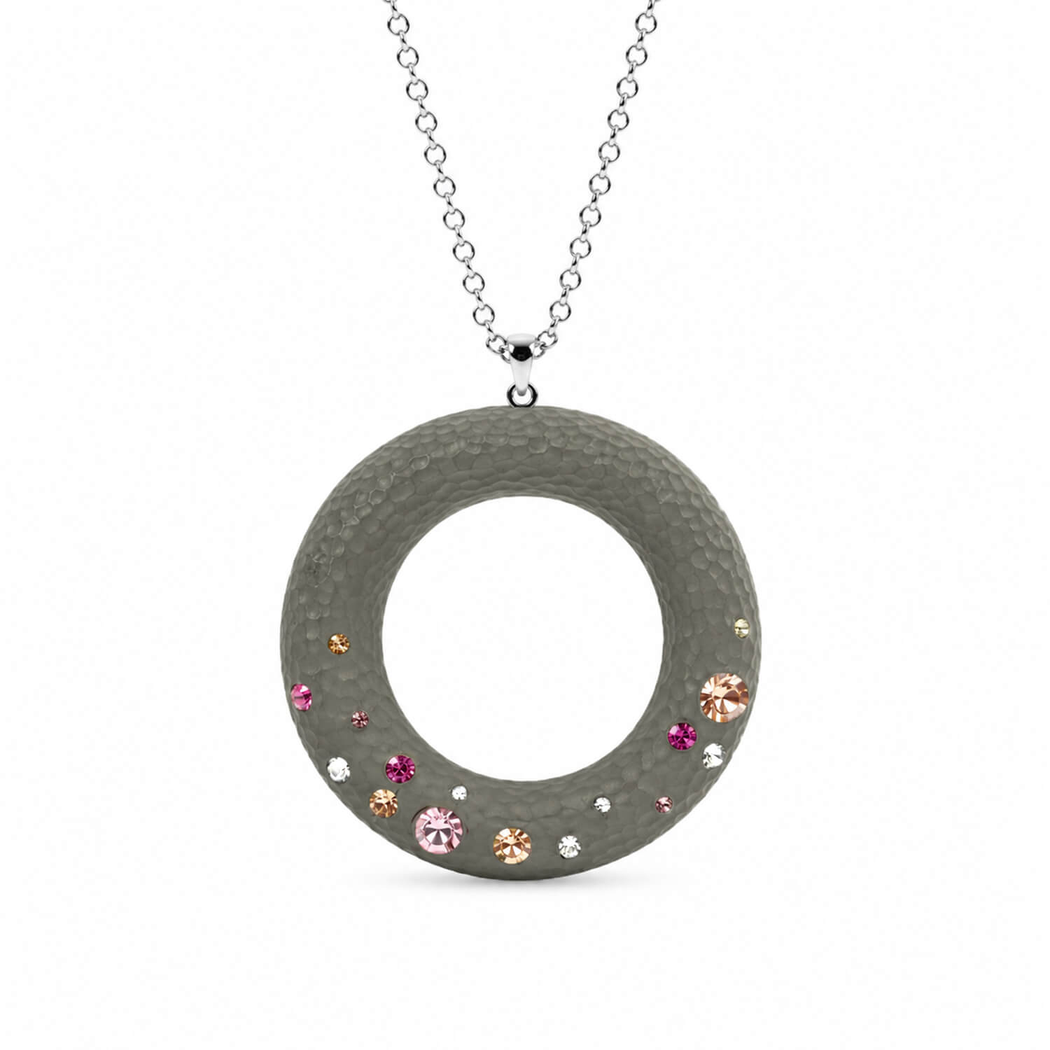 Necklace with a large round pendant featuring small colorful stones on a white background