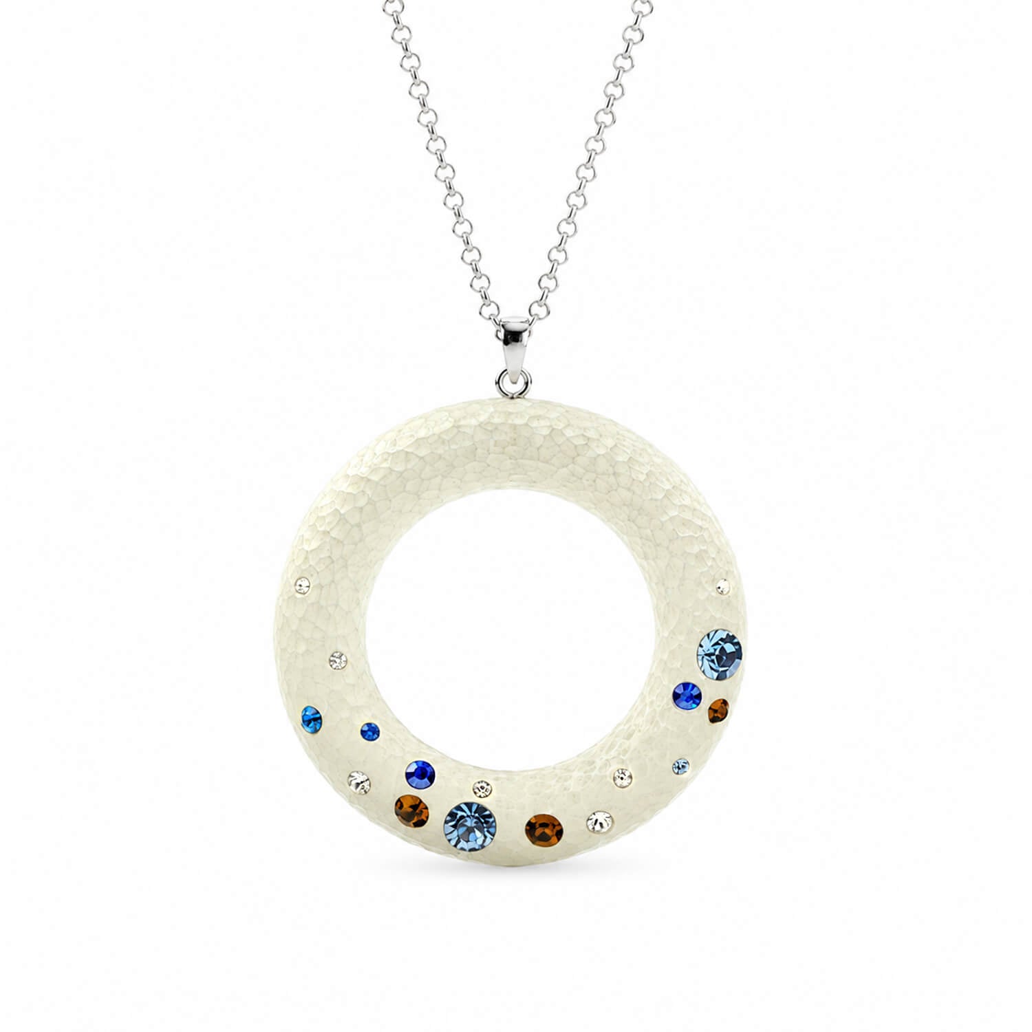 Necklace with a round pendant featuring colorful stones on a white background