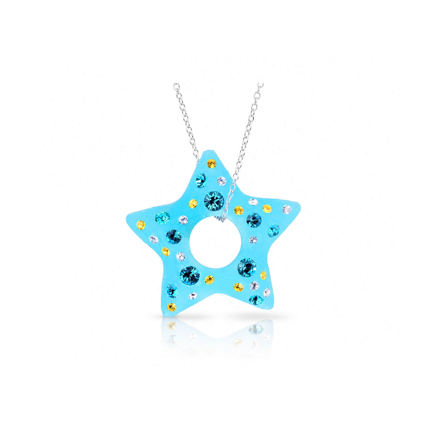 BLUE STAR PENDANT WITH COLORFUL CRYSTALS ON A WHITE BACKGROUND