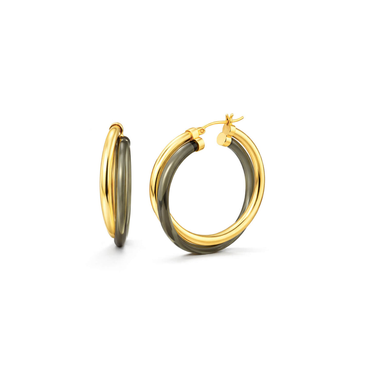 Gold and gray hoop earrings on a white background