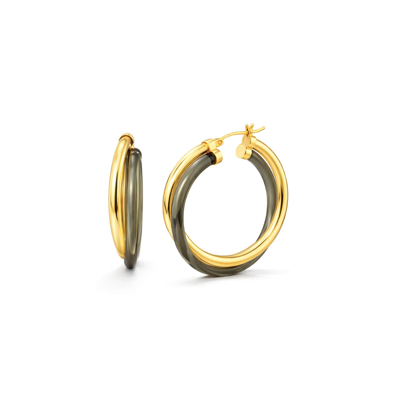Gold and gray hoop earrings on a white background