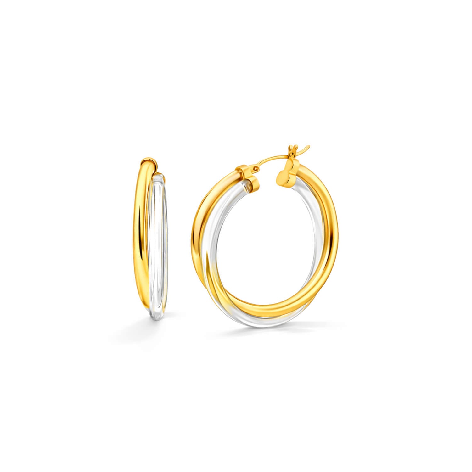 Two-tone gold hoop earrings on a white background