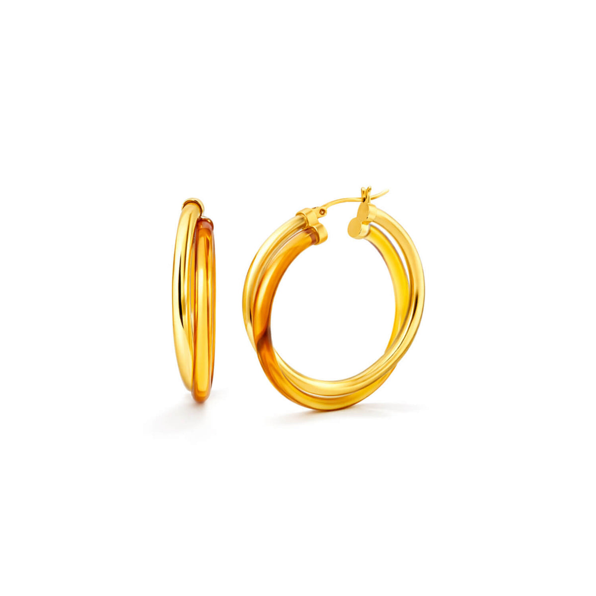 Gold hoop earrings on a white background