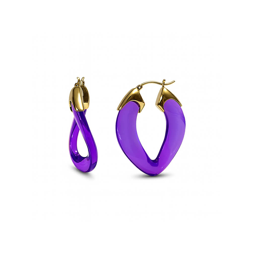 Purple hoop earrings with gold accents on a white background