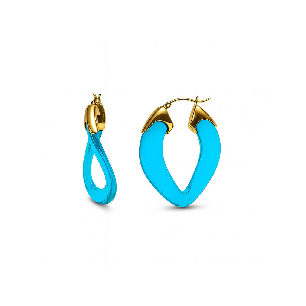 Turquoise hoop earrings with gold accents on a white background
