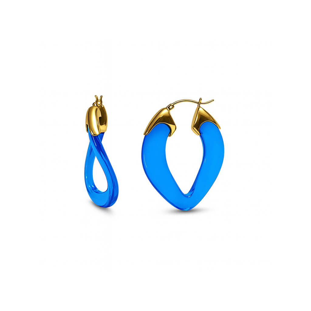 Blue hoop earrings with gold accents on a white background