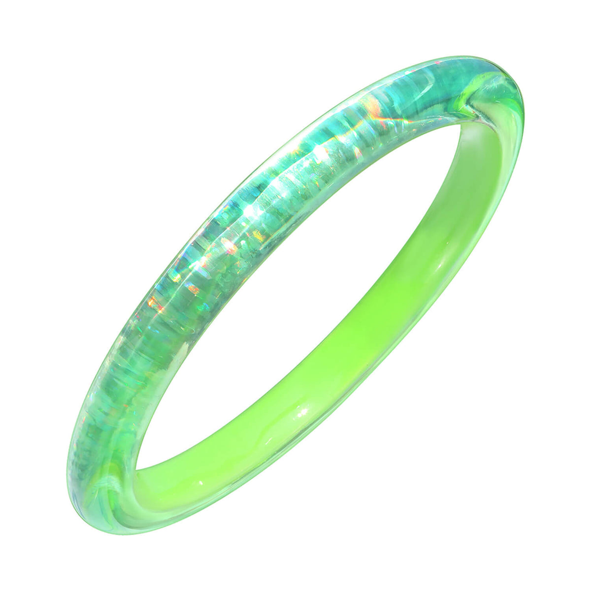 A translucent green bangle bracelet with iridescent opal-like flashes of blue, orange, and white, shown on a plain white background.