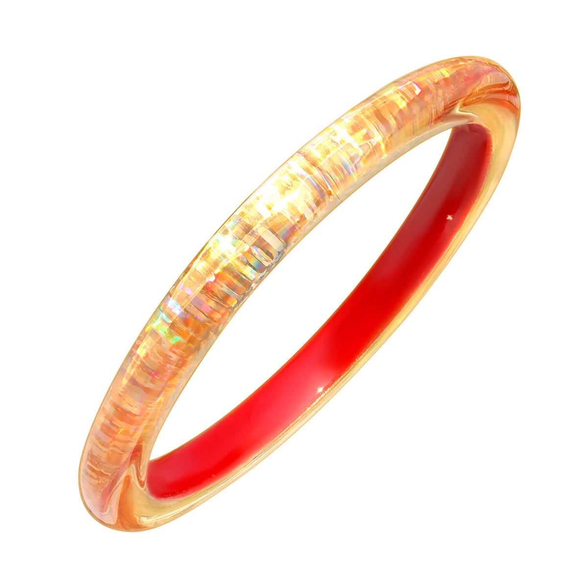A thin bangle with iridescent gold-toned outer surface and a smooth, vibrant red inner lining, shown on a plain white background.